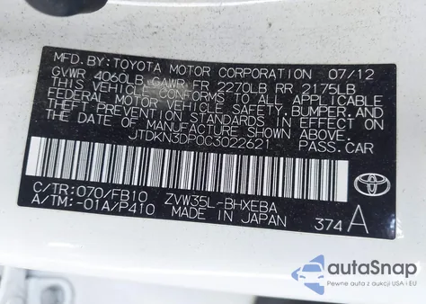 2012 Toyota Prius Plug-In from USA, damaged, VIN JTDKN3DP0C3022621